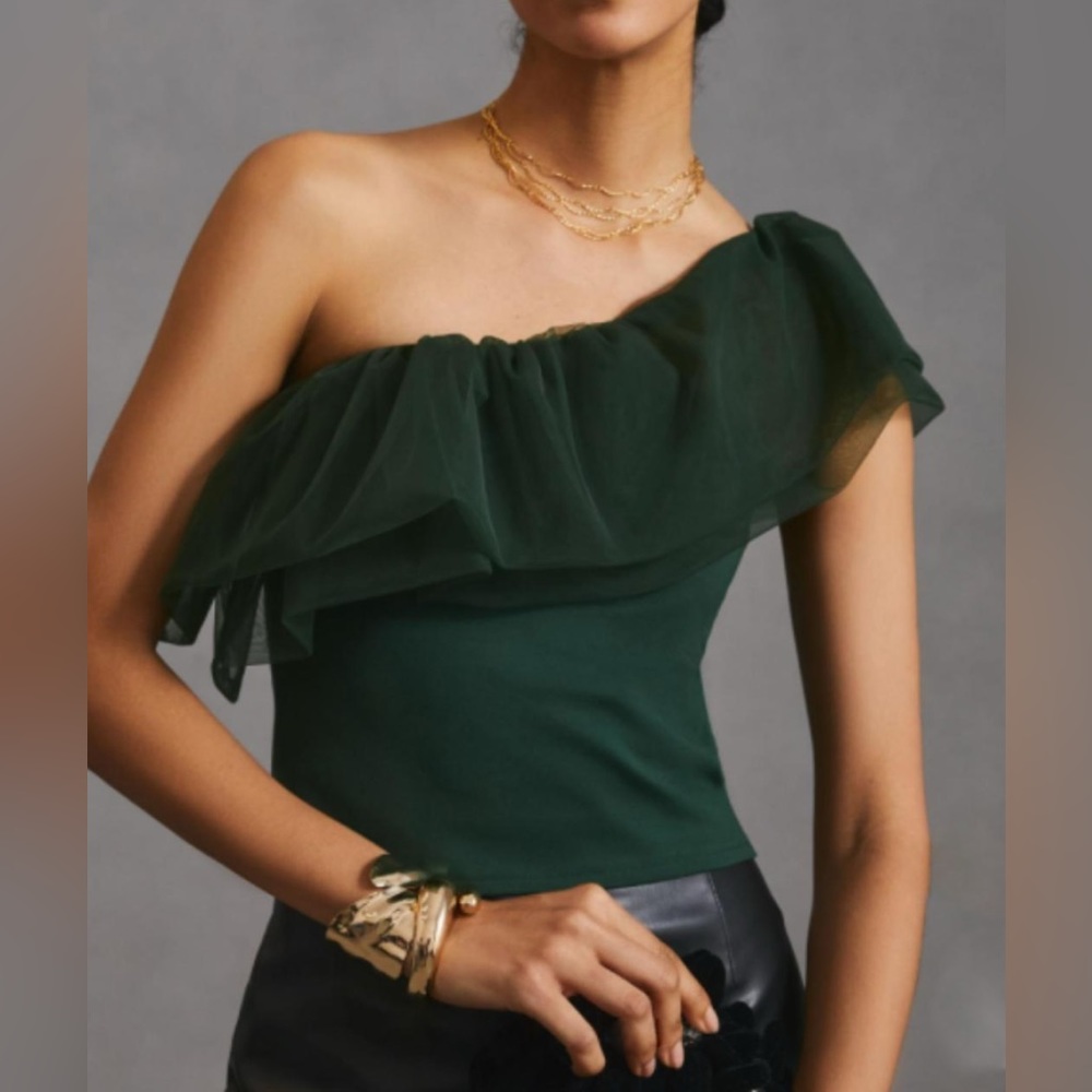 Anthropologie Sunday in Brooklyn One Shoulder Tulle Green Top Large NWT